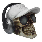 Crânio Com Ray Ban Caveira Com Boné E Fone De Ouvido Resina