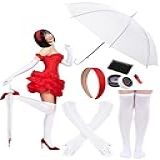 Croknit 5 Peças De Acessórios De Cosplay Para Fantasia De Halloween Vestido Curto Vermelho Mulheres Meninas Com Luvas Longas Brancas E Meias Altas Guarda Chuva Transparente Faixa De Cabeça
