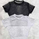 Cropped Blusa Feminina Tule Manga Curta Brilho Festa Perolas