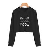Cropped Feminino Gatinho Meow Fofo Moletom Capuz Blusa Frio