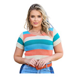 Cropped Feminino Tricot Manga Curta Listrado