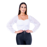 Cropped Juliette Top Com Tule Blusinha Manga Long Tendencia