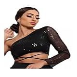 Cropped Paetê Balada Manga Única Brilhante R091 PRETO G 