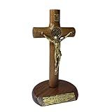 Crucifixo Cruz De Mesa E Parede Medalha São Bento 12cm Madeira Com Base Removível -12cm-