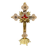 Crucifixo Em Metal Dourado P Parede E Mesa Resinado 30cm
