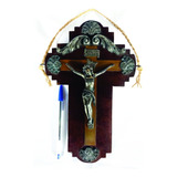 Crucifixo Estanho Madeira Ornamentado Antigo Lindo
