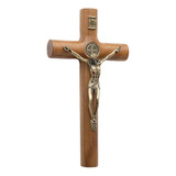 Crucifixo Parede Madeira Cilíndrico Medalha São Bento 17cm