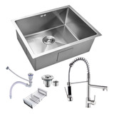 Cuba Gourmet Pia Inox Quadrada Cozinha Luxo 50x45 Torneira Gourmet Monocomando Inox 304 Revomax Cor Prata