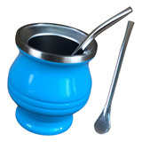 Cuia Térmica Copo Inox Chimarrão Tereré Mate C Bomba Canudo Cor Azul