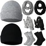 Cutecrop Conjunto De 8 Peças De Chapéu De Inverno Cachecol E Luvas Com Meias Chapéu De Malha Quente Luvas De Tela Sensível Ao Toque Cachecol De Inverno Preto Cinza Boné De Caveira Para Mulheres
