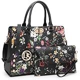 Dasein Bolsa Feminina Média Bolsa De Trabalho Bolsa De Ombro Bolsa De Ombro Bolsa Com Alça Superior Com Embreagem Combinando Conjunto De 2 Peças- Flor Preta- Medium