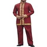 Daupanzees Conjunto De 2 Peças Masculino Africano De Luxo Tradicional Com Estampa Dourada Dashiki Camisa E Calça Vinho Tinto GG