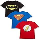 DC Comics Conjunto De Camisetas Infantis Com Logotipo Do Batman- Super-Homem- The Flash- Pacote Com 3- Preto-azul-royal-vermelho- G-GG