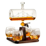 Decanter Garrafa Whisky Navegação Base Madeira Quatro Copos