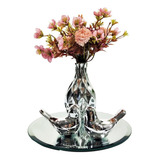 Decoração Casal De Pássaros Bandeja Vaso C Flor Artificial