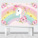 Decoração De Festa Painel Temático 1 00 M X 0 65 M Mod 20a Cor Unicórnio Flores