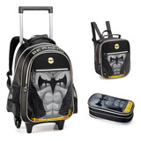 Denlex Dl1565 Kit Mochila Escolar Rodinha Infantil Menina Grande Menino Cor Preto Desenho Do Tecido Batman Morcego Be A Hero