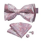 DiBanGu Gravatas Borboleta Masculinas De Seda Ajustáveis Com Estampa Paisley Rosa- Conjunto Abotoaduras E Lenços Para Festa Casamento Baile