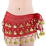 DICOSMETIC Cachecol Feminino De Dança Do Ventre Quadril Cinto De Moedas Lenço De Quadril Saia Dança Do Ventre Com Contas Douradas E Moedas Saia Sexy- Vermelho- 60 Short