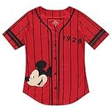 Disney Camisa Feminina Da Moda Mickey Mouse   Mickey E Minnie Mouse Baseball Jersey Mickey Mouse Com Botões  Listra Vermelha E Preta  P