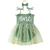 DLLYING Macacão Feminino Para O Primeiro Aniversário De Verão- Sem Mangas- Vestido De Tule - Faixa De Cabeça- Verde- 1 Ano