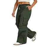 DLOODA Calça Cargo Feminina Cintura Elástica Perna Larga Paraquedas Com 4 Bolsos Calças Largas Para Caminhada Viagem Y2K Impermeável- Verde Militar- PP