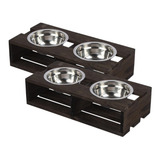 Dois Comedouro Madeira Elevado C 2 Potes Inox Cães Gatos M