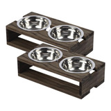 Dois Comedouro Madeira Elevado C 2 Potes Inox Cães Gatos P