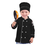 Dólmã Infantil Preto Mini Chef Com Chapéu 2 A 14 Anos