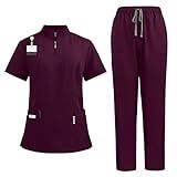 Dressnu Calça Reta Adequada Para Uniforme De Trabalho De Médicos E Enfermeiras Com Gola Alta Com Zíper Vinho M Vinho Tinto Medium