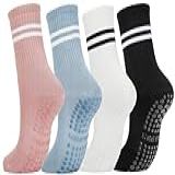 DTWAWA 4 Peças De Meias Femininas Com Aderência De Pilates Antiderrapantes Para Ioga Com Aderência Barre Hospital Meias Atléticas Para Mulheres Preto Branco Rosa Azul One Size