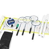 EastPoint Sports Conjunto 2 Em 1 De Voleibol E Badminton Conjunto De Rede De Altura Ajustável Inclui 4 Raquetes 2 Petecas E 1 Voleibol
