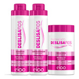 Eico Tratamento Deslisa Fios Shampoo Sem Sal 800ml Condicionador Leave in 750ml Máscara Hidratação Reparador Sem Frizz 1kg