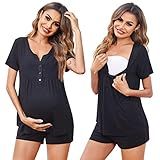 Ekouaer Conjunto De Pijama Feminino De Amamentação De Manga Curta Para Gravidez Conjunto De Pijama Para Amamentação Hospitalar P 2GG A Preto G