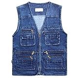 Elonglin Colete Jeans Masculino Com Zíper Multi Bolsos Fishing Jaqueta Sem Manga Para Outono E Inverno Azul XGGGG