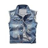 Elonglin Colete Jeans Masculino Destruído Com Bolsos Jaqueta Jeans Masculino Sem Mangas Rasgada Moto Casual B M