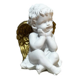 Enfeite Anjo Resina Branco Asas Dourado Decoração