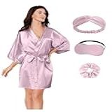 EPLAZA Roupão Feminino De Cetim Floral Vestido De Noiva Para Casamento Dama De Honra Quimono Raiz De Lótus Rosa Sólido Large X Large
