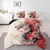 Erosebridal Conjunto De Edredom Solteiro Com Dragão Para Meninas- Estilo Japonês- Flores De Cerejeira- Sakura- Vida Selvagem Antiga- Para Crianças- Adolescentes- Adultos- Mulheres- Decoração De Quarto