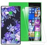 ESACMOT Capa Com Estampa De Flores Roxas Compatível Com Nokia Lumia 730 Dual SIM Pacote Com 2 Protetor De Tela De Vidro Temperado Capa à Prova De Choque Para Nokia Lumia 730 Dual SIM 4 7