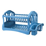 Escorredor De Louça Cozinha Prato Duplo Porta Talheres Azul