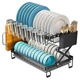 Escorredor De Louça Inox Secador De Louça Dobrável Com Porta Talheres Bandeja Antiderrapante Organizador De Copos E Pratos Para Cozinha Suporte Para Facas E Utensílios Preto 
