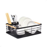 Escorredor De Prato Pia Preto Bandeja Louça Aço Inox Bambu