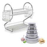 Escorredor Louça 2 Andares Inox C Bandeja 5 Potes Inox Cor Prateado