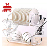Escorredor Louça 2 Andares Inox C Bandeja Pia 14 Pratos Cor Prateado