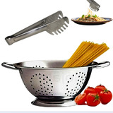 Escorredor Macarrão Massa Aço Inox Kit C Pegador Multiuso