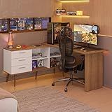 Escrivaninha Em L Mesa Para Computador Gamer 3 Gavetas Branco-rustic Lisboa Madesa