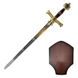 Espada Rei Davi Salomão Decorativa Medieval Templária Com Suporte De Parede Lâmina Com Detalhes Dourados Cabo Preto