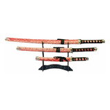 Espada Samurai Katana Ninja Kit Tres Conjunto Decor Rosa