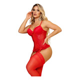 Espartilho Vermelho Corselet Em Renda E Veludo C Meias 7 8